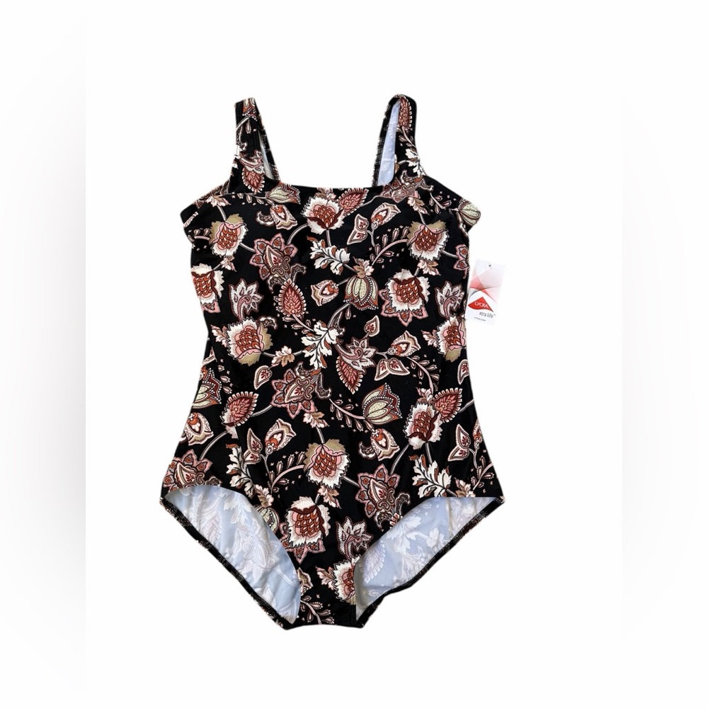 Lands End NWT Swimsuit Womens 16 Black Floral One Piece Tugless Full Coverage